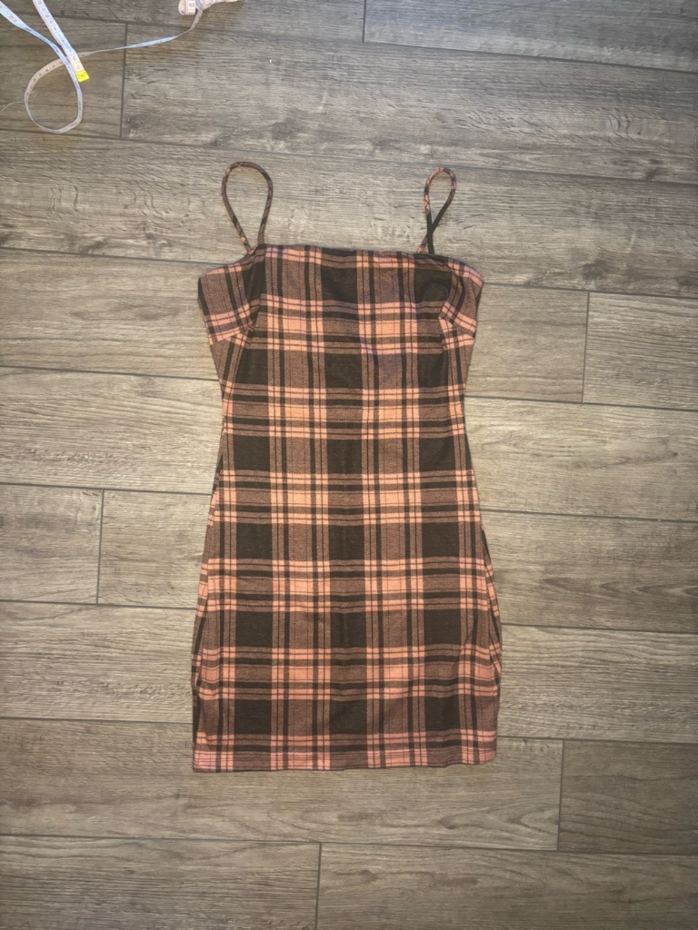 Windsor Peach and Black Plaid Spaghetti-Strap Bodycon Dress